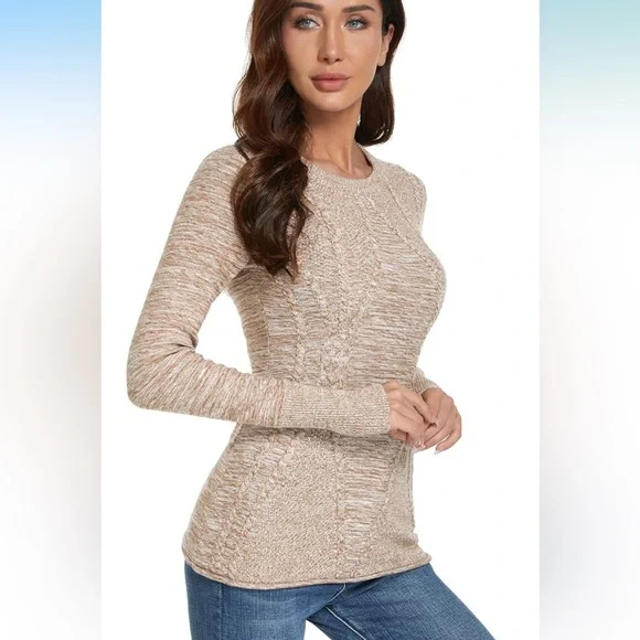 AmélieBoutik Women Cotton Blend Crewneck Long Sleeve Cable Knit Pullover Sweater - Picture 2 of 7